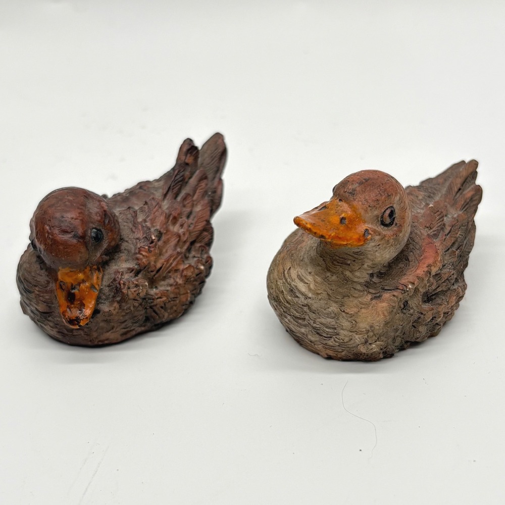 Vintage Mini Resin Duckling Figurines Set of 2 Brown Textured Duck Bird Decor